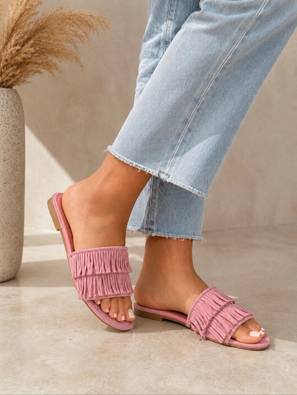 Time and Tru Fringe Faux‎ Microsuede Sandals Size 7 Pink New NWT